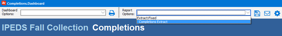 In the Report Options dropdown, this report has one extract report in fixed format, called Completions Extract.